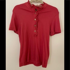 TORY BURCH VINTAGE CORAL PINK RUFFLE COLLAR BUTTON TOP SHORT SLEEVE SHIRT